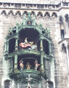 Foto vom Rathaus mit Schäfflertanz beim Glockenspiel