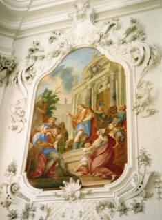 Foto vom Wandbild im ersten rechten Querschiff in der Stiftskirche in Stams