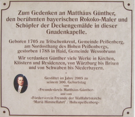 Foto der Gedenktafel an Matthäus Günther an der Wallfahrtskirche