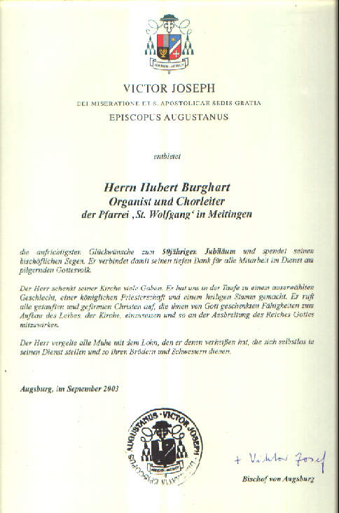 Foto der Urkunde zum Jubil�um
